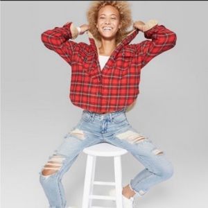 Sherpa Lined Red Plaid Hooded Shacket Shirt Jacket Women’s Size Xtra Large